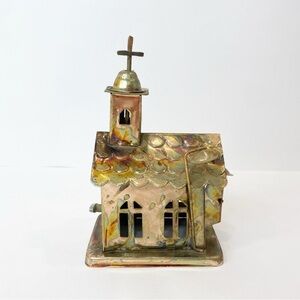Vintage Copper Color Tin Wind Up Church Music Box Plays Amazing Grace Holidays